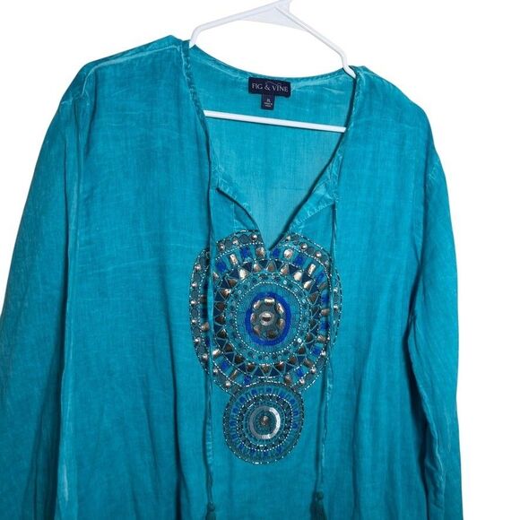 Fig & Vine Blouse Women's XL Blue V-Neck Emrboidered Beaded Tassel Boho Top - Picture 2 of 11